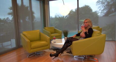 Stunning american blond wife Sandra Otterson in skirt denudes big boobies and spreads her legs 