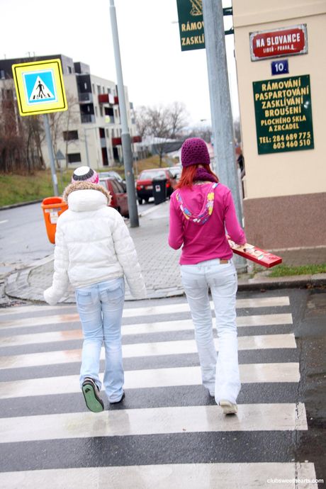 Lesbian stunners Anna Red and Kristin B kiss before having sex on a patio