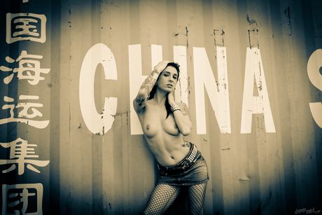 Den varme amerikanske mørkhårede Joanna Angel afslører sine fantastiske bryster og poserer i fiskenet