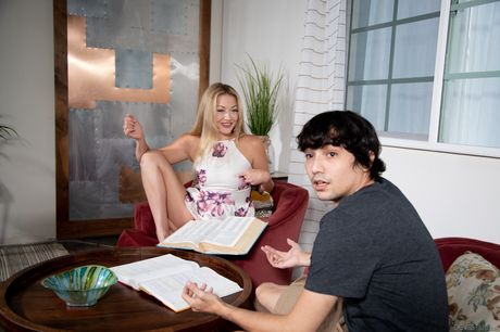 Blond american girl Adira Allure seduces her black stepbrother for sex