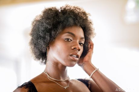 Black american cutie Ana Foxxx demonstrates her petite tiny tits and hot ass in a solo