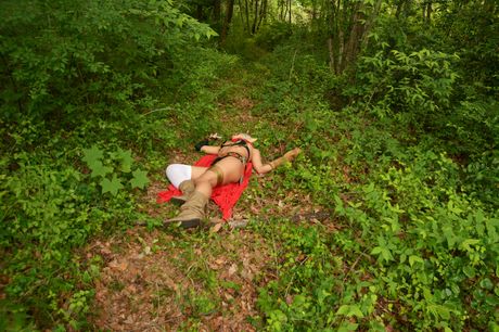 Asian beauty Nonsummerjack flaunts her bald pussy in a forest