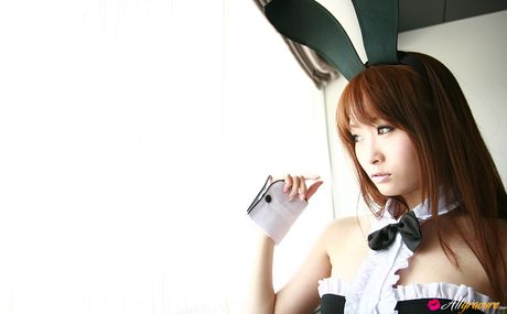 亞洲兔女郎西島亞希穿著兔女郎服裝，展示她迷人的胸部和姿勢