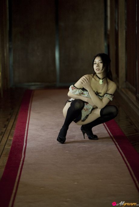Asian beauty Yume Sato exposes her small tits and poses in stockings