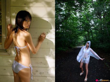 Slank asiatisk Akina Minami stripper sin bikini og viser sine små bryster udendørs
