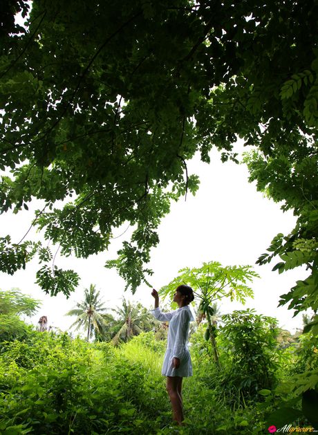 茶色の目をした日本の美女、新井美穂が自然の中で裸のポーズをとる