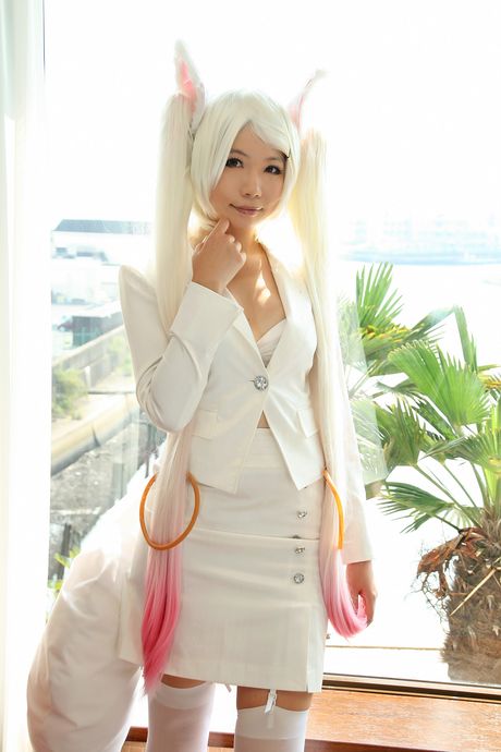 A: Blond japanese teen Higurashi Rin sports white panties while wearing a fox mask