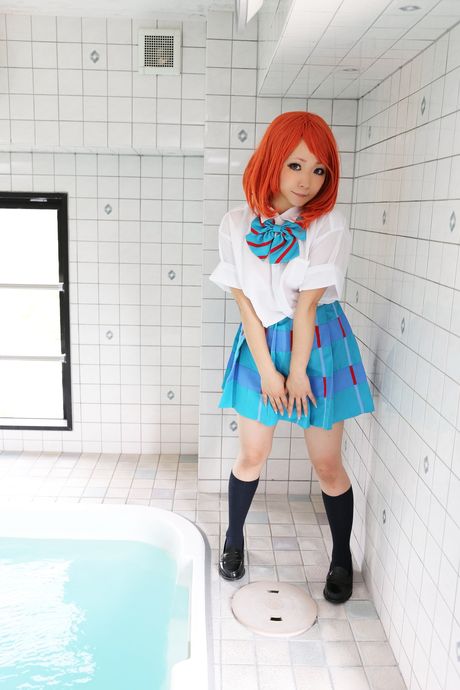 Redhead schoolgirl Higurashi Rin strips to her stockings and poses