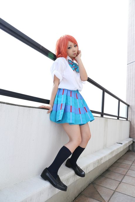 Redhead schoolgirl Higurashi Rin strips to her stockings and poses