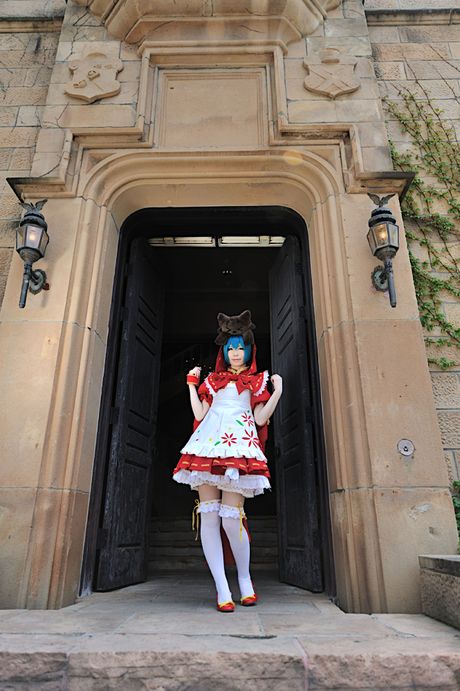 Cute cosplayer Haruka shows her teeny tits and her trimmed pussy outdoors