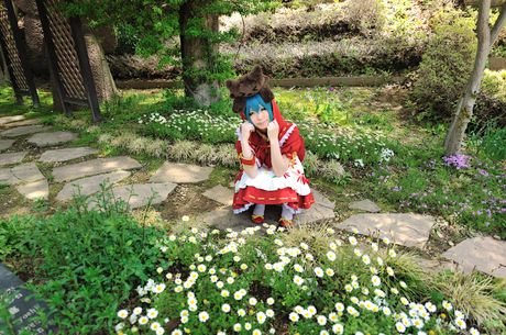 Cute cosplayer Haruka shows her teeny tits and her trimmed pussy outdoors