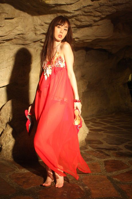 Asian girl Rina Akiyama removes her red dress and poses in a solo