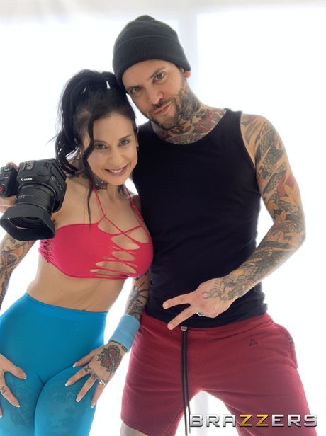 Inked american girl Joanna Angel sucks and fucks a large cock in a kitchen