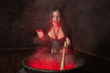 Big-Racked american,mexican MILF Krissy Lynn has sex on a bed during Halloween