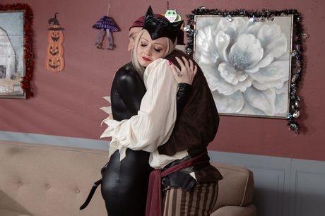 Big-Racked american,mexican MILF Krissy Lynn has sex on a bed during Halloween