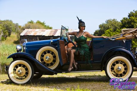 Nice american dark-haired Dylan Ryder presents her big racks and captures her skyclad appearance outdoors