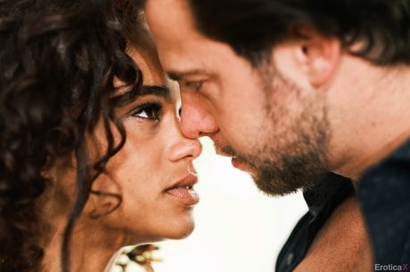 Ebony american stunner Scarlit Scandal gets banged by a white dude on a bed