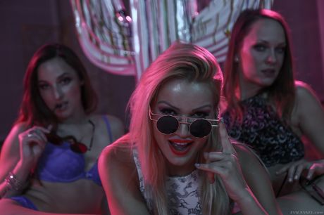 Sexy girls get naked before a foursome with a male and a female