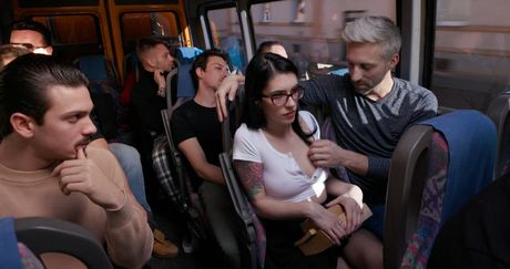 Superb librarian Anna De Ville gets gangbanged in a bus by horny guys