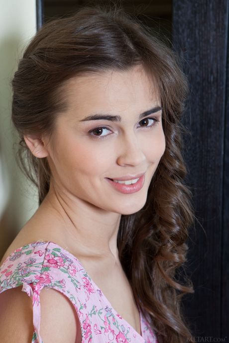 Luscious dark hair young Trista A showing tiny tits and spreading her legs 