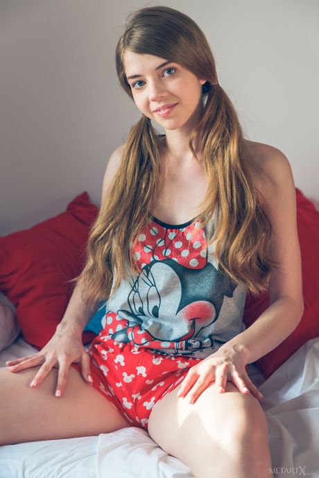 Svelte young Kay J in sexy shorts revealing small tits and masturbating 