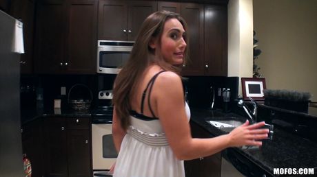 Dark haired teen Renna Ryann gets banged by her stepfather in the kitchen