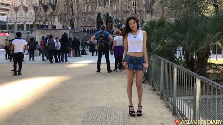 Perfect spanish stunner Miyuki Son gets naked on a blanket in a skirt and heels