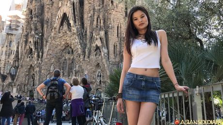 Perfect spanish stunner Miyuki Son gets naked on a blanket in a skirt and heels