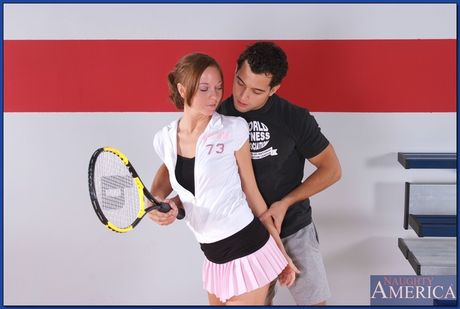 Sporty american teen Scarlett Fay gets her face and pussy fucked on the tennis court