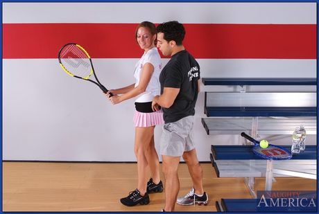 Sporty american teen Scarlett Fay gets her face and pussy fucked on the tennis court