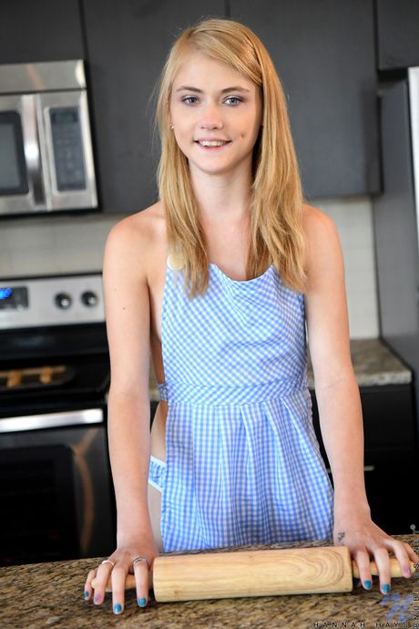 Skinny blonde teen Hannah Hays masturbates with a rolling pin in the kitchen