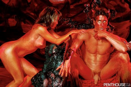 Sexy blonde centerfolds get involved in an orgy with a perverted devil