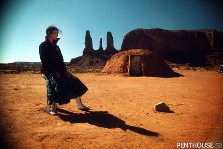 Brunette centerfold Derna Wylde exposes her hairy pussy & natural boobs