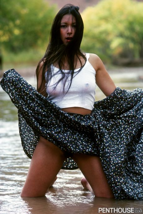 Brunette centerfold Derna Wylde exposes her hairy pussy & natural boobs