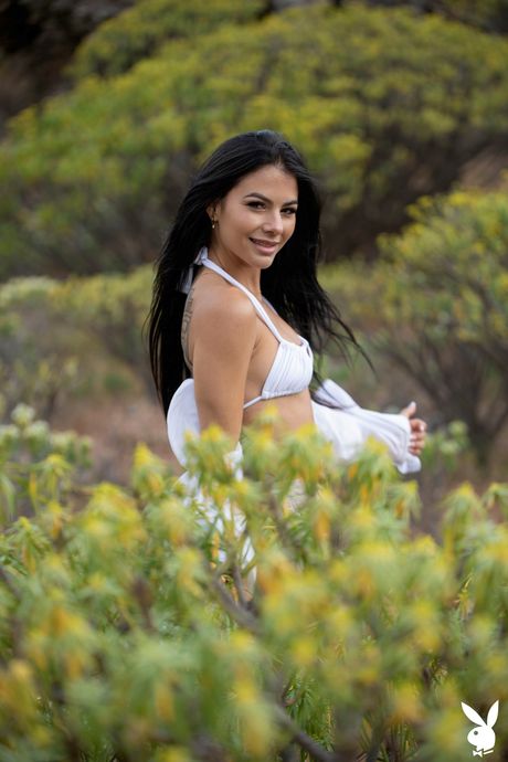 Thin brunet Estefania Pahe strips to her socks and reveals her teeny tits