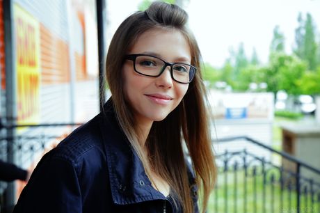 Angelic teen Mila Azul removes her lingerie to show her nice tits and pussy