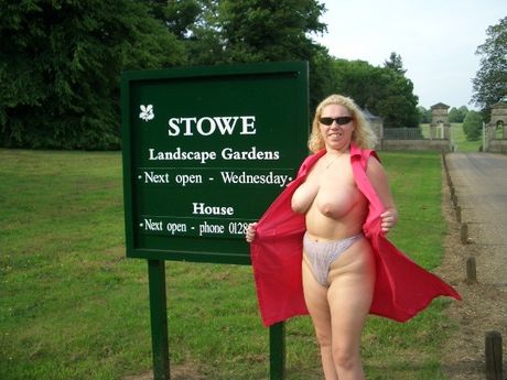 Blonde british Mommy Barby shows her amazing melons and ass in a public park