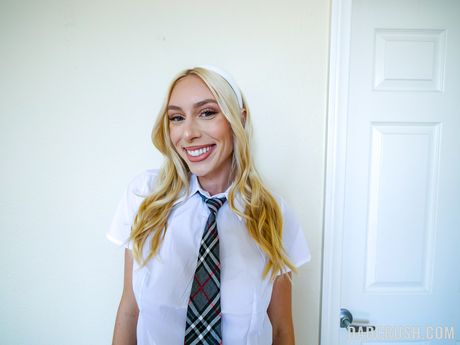 Blond american covergirl Kay Lovely has sex with her stepfather on a bed