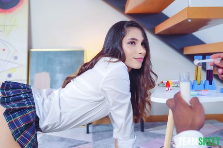 Dark-haired schoolgirl Baby Nicols gets her pussy teased and fucked by a black man