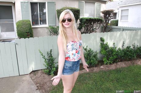 Blonde portuguese beauty Charlyse Bella gets naked before POV sex on a sofa