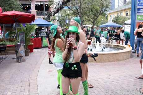 Four slutty girls get banged in a POV foursome on St Patrick is Day