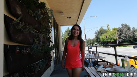 Asian girl Kira Sinn gets a pussy licking and a standing doggystyle fuck