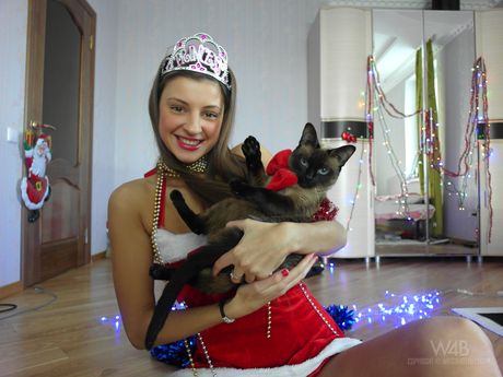 Lovely russian teen Melena A removes her red dress and presents her hot body